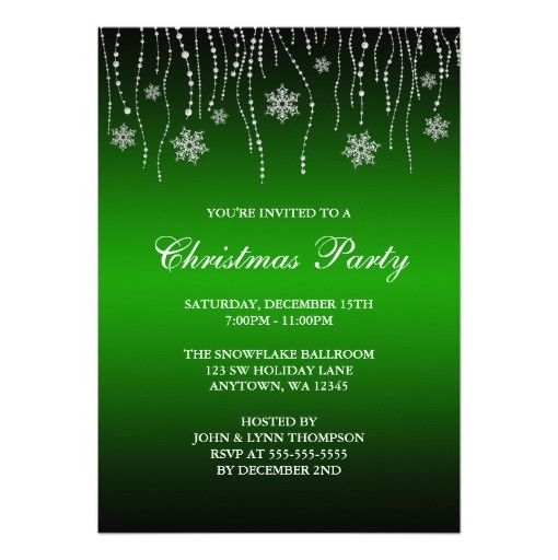 Green Black Sparkle Snowflakes Christmas Party Invitation Card
