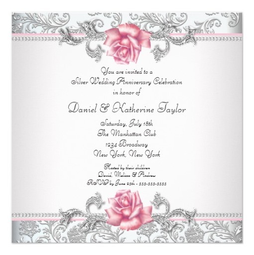 Pink Rose Damask Silver 25Th Wedding Anniversary 